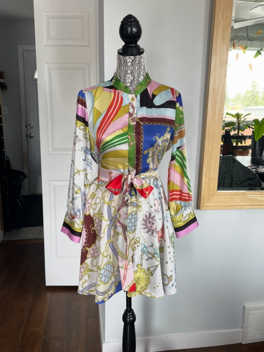 Zara Vintage Scarf Inspired European Summer Print Button Up Belted Dress. Small - Picture 10 of 16